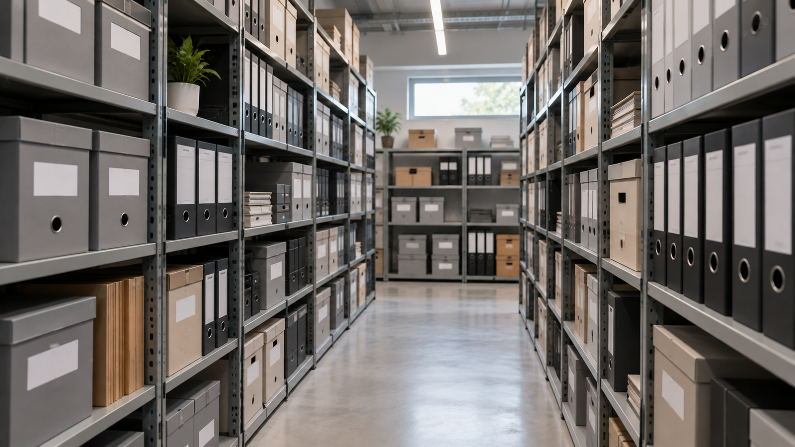 Salle d'archives d'entreprise avec étagères de boîtes et classeurs aux étiquettes vierges, rangée en perspective.
