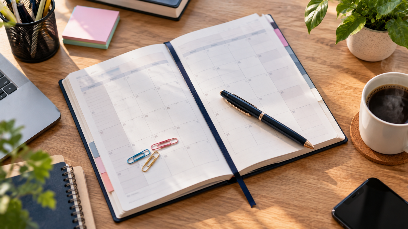 Planificateur papier ouvert sur un bureau avec trombones colorés et stylo, grille de calendrier vierge évoquant les échéances de la réforme.
