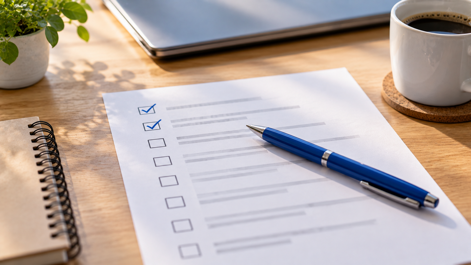 Feuille avec des cases à cocher dont deux sont validées au stylo bleu, posée sur un bureau, symbolisant une checklist de mise en conformité.