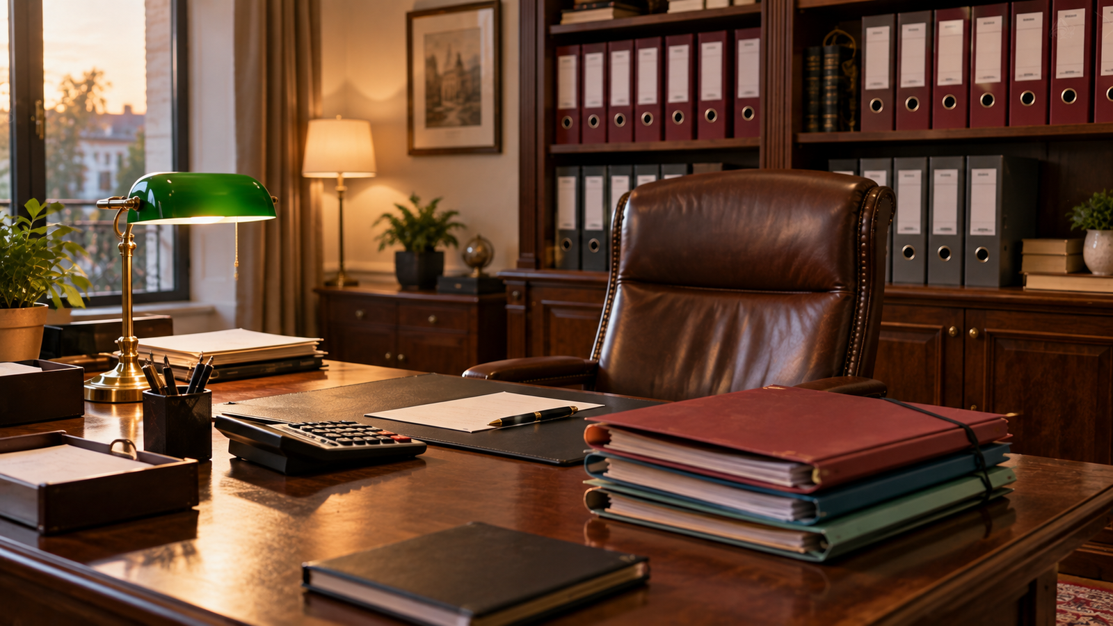 Bureau de cabinet d'expertise comptable avec bibliothèque de classeurs, lampe verte traditionnelle et fauteuil en cuir vide.