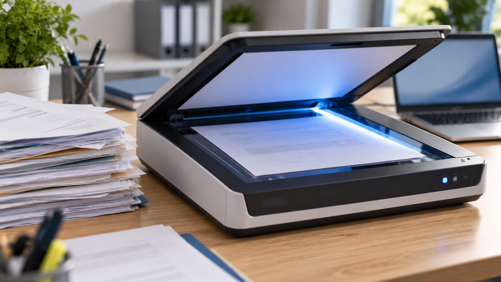 Scanner de bureau en train de numériser un document avec lumière bleutée, pile de factures papier à côté, évoquant l'automatisation par OCR.