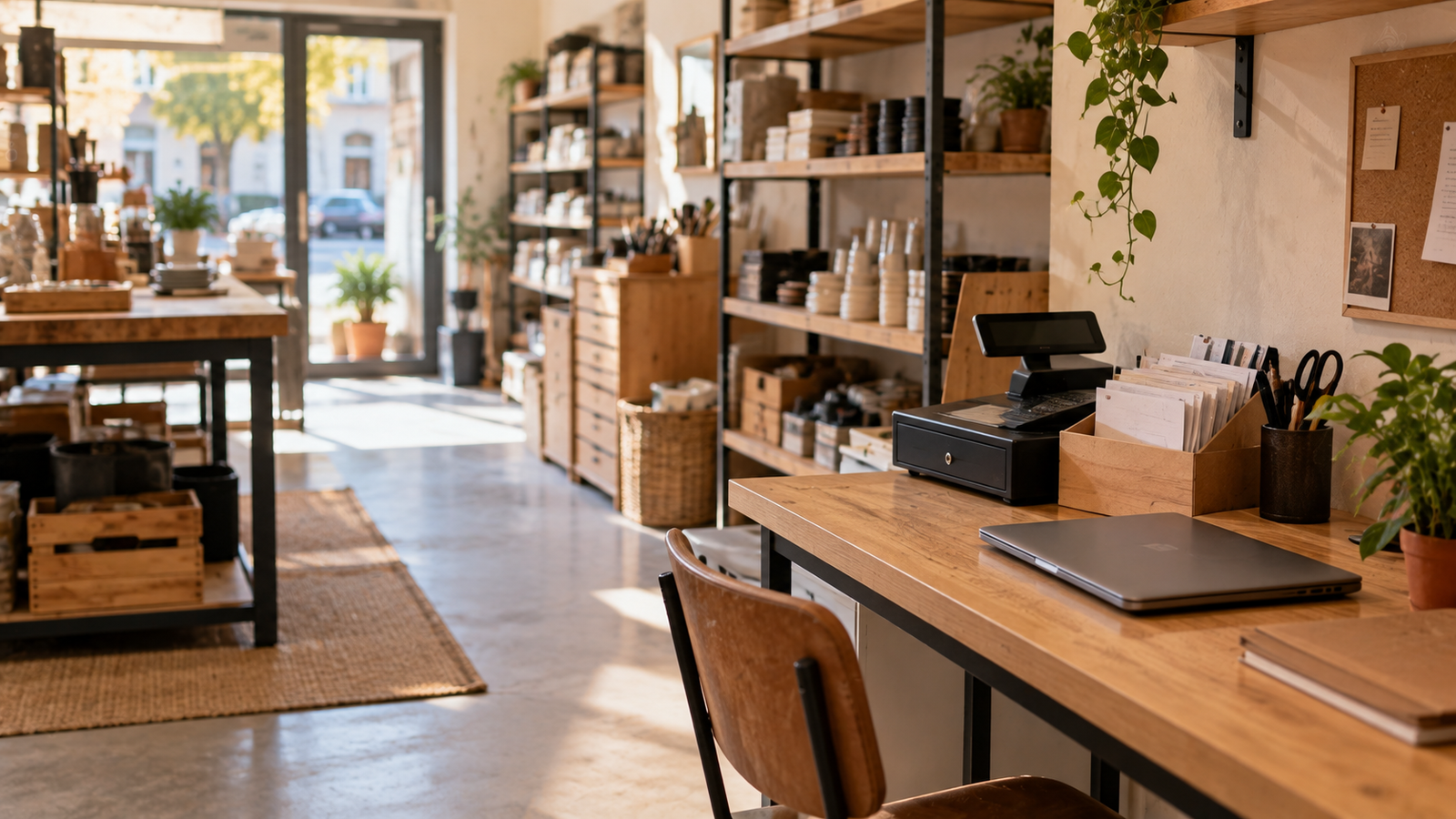Intérieur d'un atelier-boutique artisanal avec petit coin bureau, caisse enregistreuse et factures rangées, ambiance de petite entreprise indépendante.