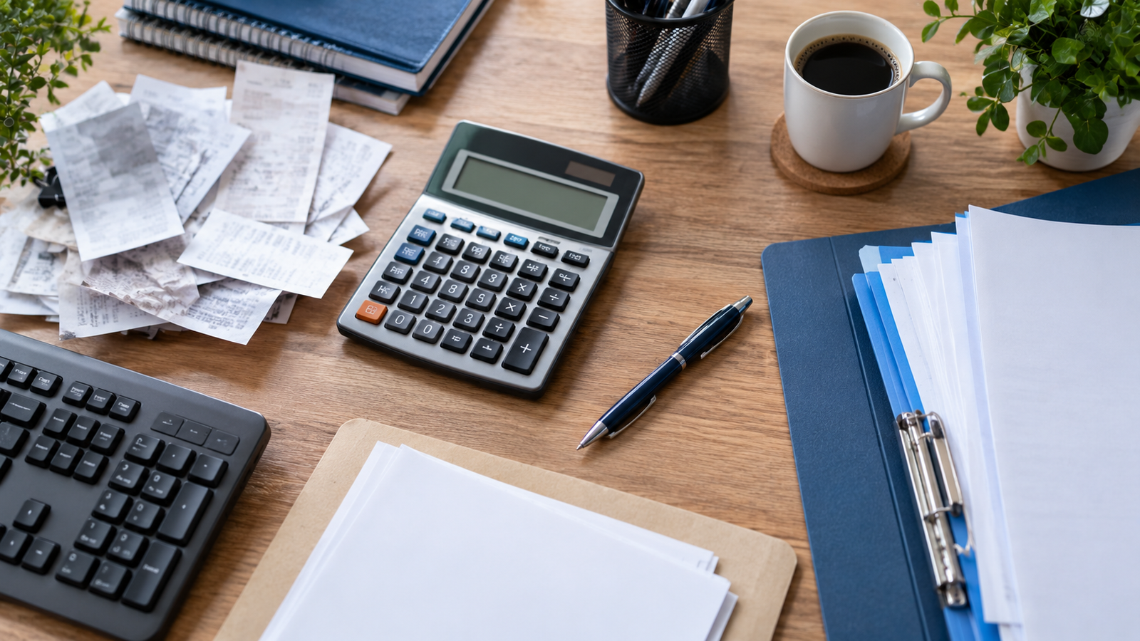 Vue de dessus d'un bureau comptable avec calculatrice, tickets de caisse froissés et classeurs, évoquant la transmission de données de transaction.