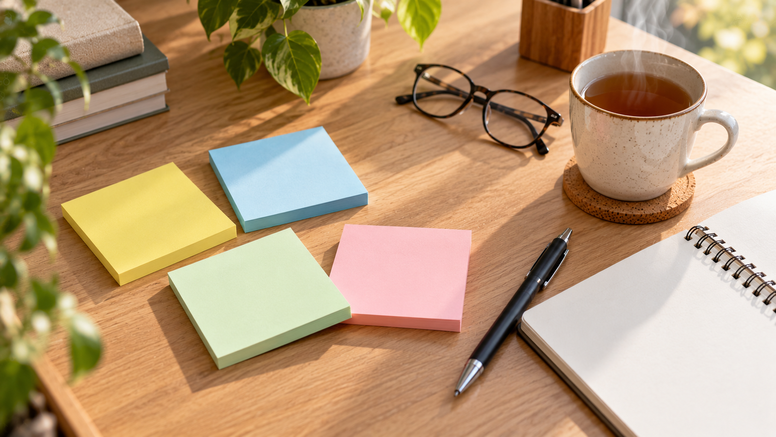 Blocs de post-it pastel vierges disposés en éventail sur un bureau, avec une tasse de thé et des lunettes de lecture, évoquant une page de questions-réponses.