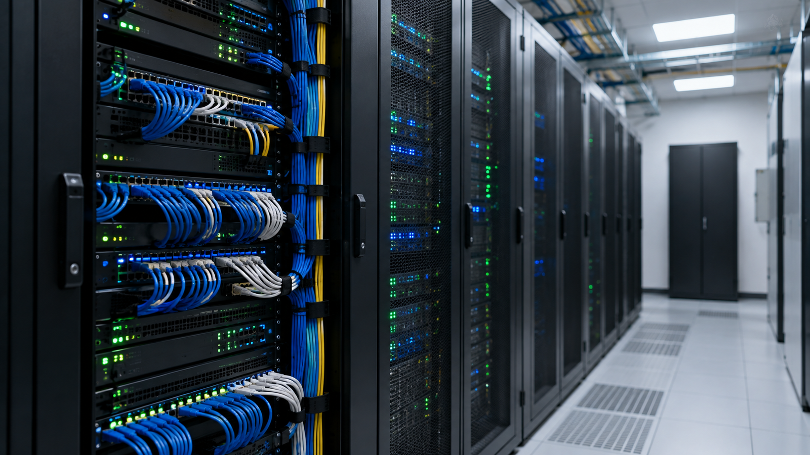 Rangée de baies serveurs avec câbles réseau colorés bien rangés dans une salle technique d'entreprise, ambiance très structurée.