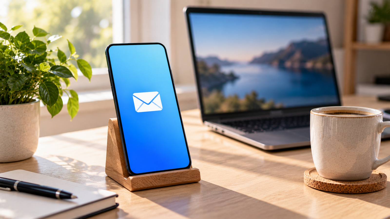 Smartphone générique sur support avec icône d'enveloppe à l'écran, à côté d'un ordinateur portable, évoquant une demande de mise en relation.