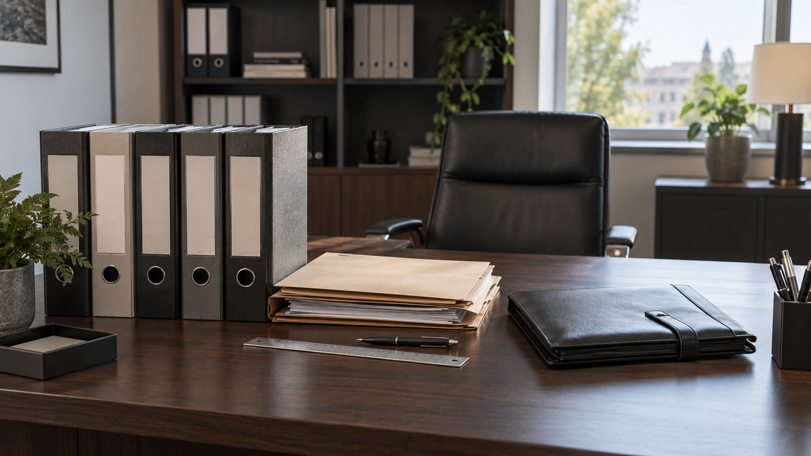 Bureau de direction avec classeurs à levier aux étiquettes vierges, chemises cartonnées et porte-documents en cuir, ambiance de cadre légal d'entreprise.